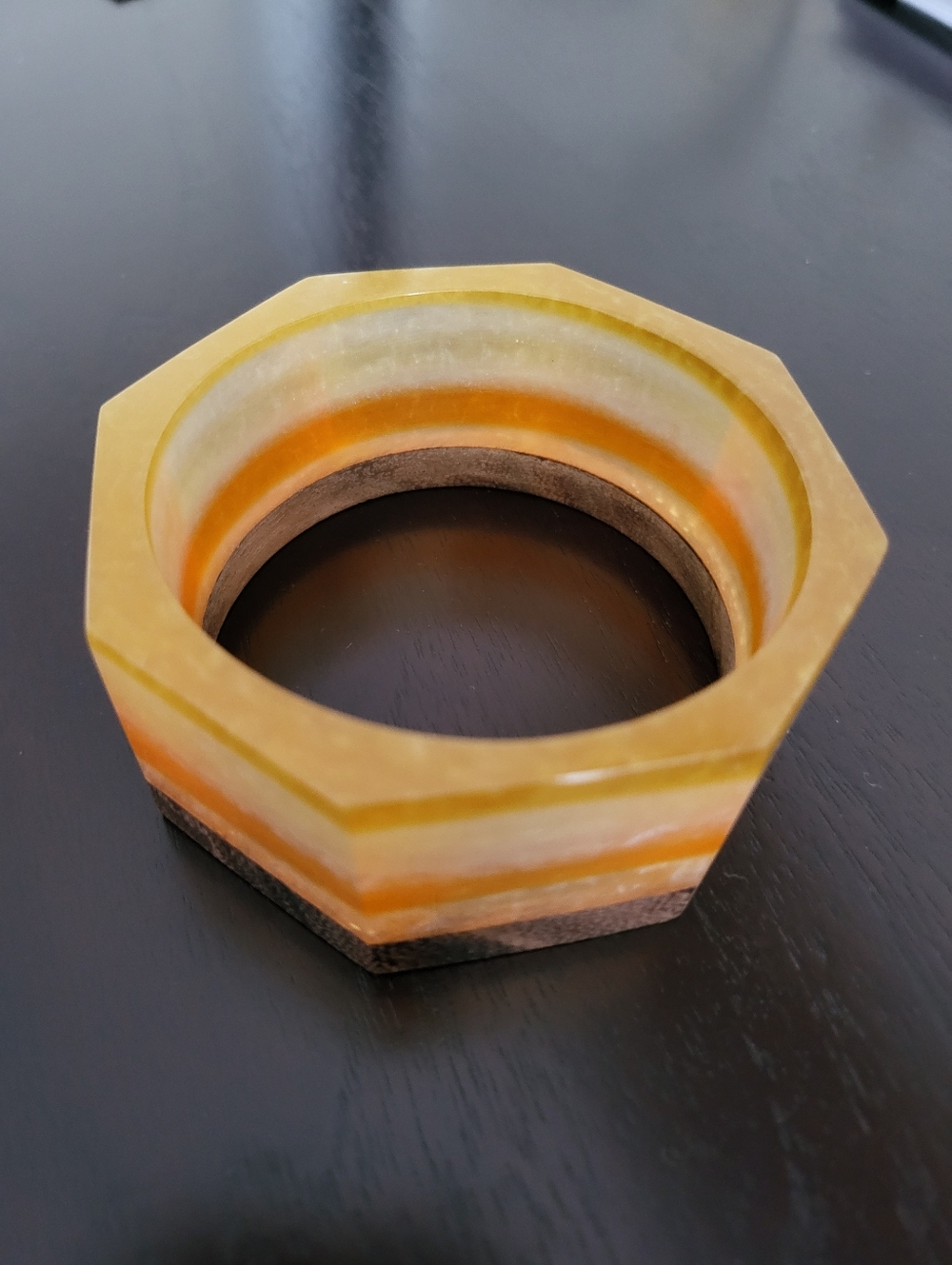 Chico's Modern Orange/beige/wood Wide Octagon Bangle Bracelet, Sz Medium